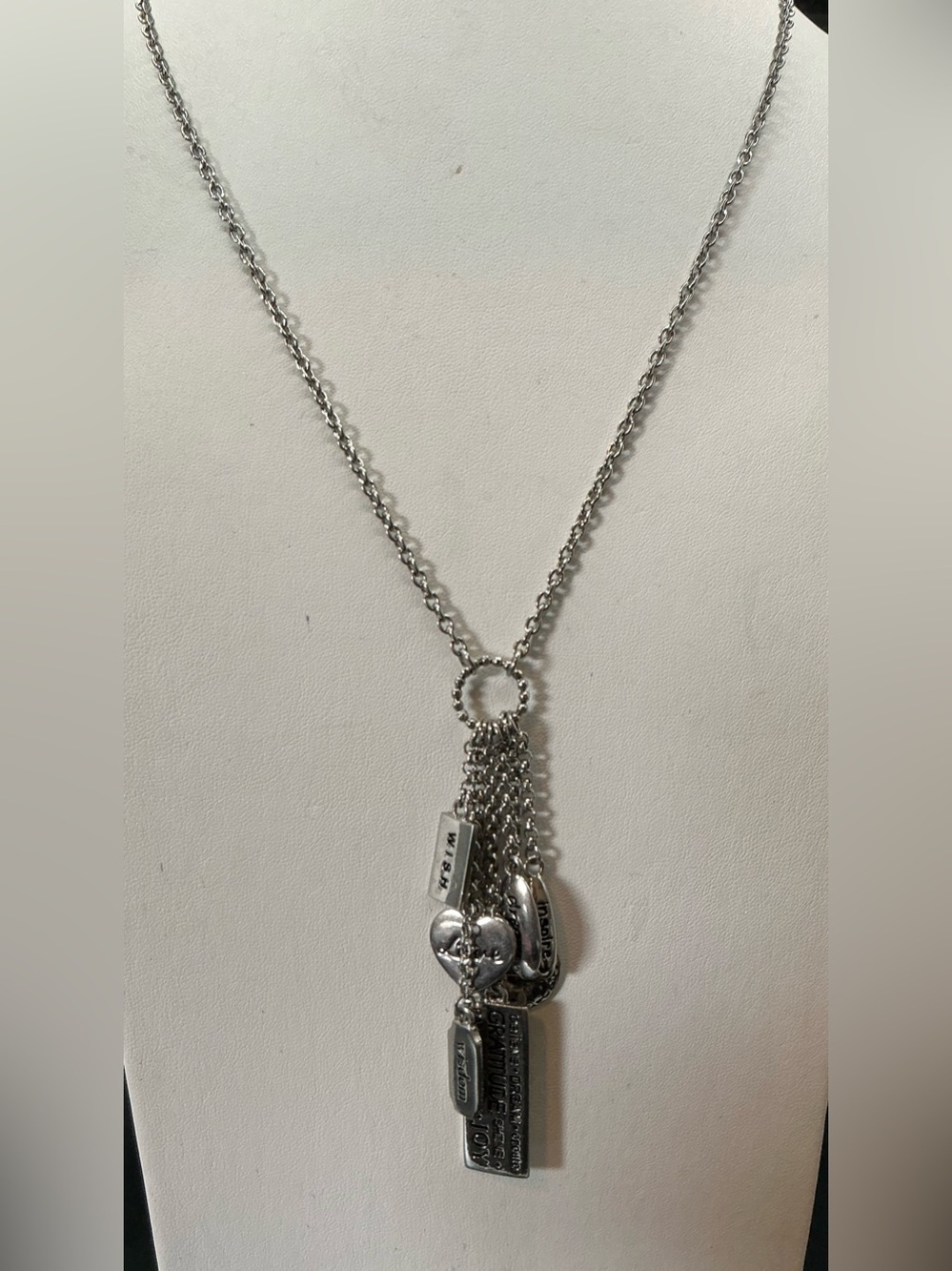 COOKIE LEE INSPIRATIONAL SAYING CHARMS LARIAT SILVER TONE NECKLACE